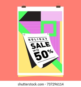 Holiday Sale Memphis Style Poster Design. Fashion and Travel Discount Poster. Vector holiday Abstract Colorful Illustration with Special offer and Promotion.