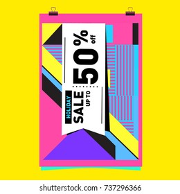 Holiday Sale Memphis Style Poster Design. Fashion and Travel Discount Poster. Vector holiday Abstract Colorful Illustration with Special offer and Promotion.