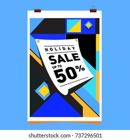 Holiday Sale Memphis Style Poster Design. Fashion and Travel Discount Poster. Vector holiday Abstract Colorful Illustration with Special offer and Promotion.