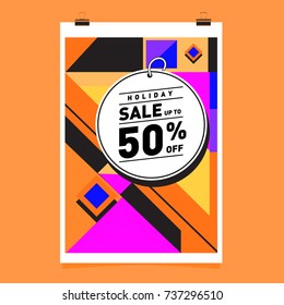 Holiday Sale Memphis Style Poster Design. Fashion and Travel Discount Poster. Vector holiday Abstract Colorful Illustration with Special offer and Promotion.