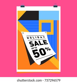 Holiday Sale Memphis Style Poster Design. Fashion and Travel Discount Poster. Vector holiday Abstract Colorful Illustration with Special offer and Promotion.