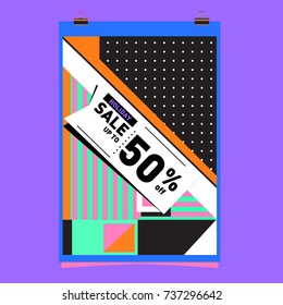 Holiday Sale Memphis Style Poster Design. Fashion and Travel Discount Poster. Vector holiday Abstract Colorful Illustration with Special offer and Promotion.