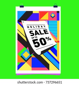 Holiday Sale Memphis Style Poster Design. Fashion and Travel Discount Poster. Vector holiday Abstract Colorful Illustration with Special offer and Promotion.