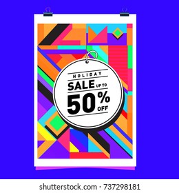 Holiday Sale Memphis Style Poster Design. Fashion and Travel Discount Poster. Vector holiday Abstract Colorful Illustration with Special offer and Promotion.