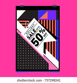 Holiday Sale Memphis Style Poster Design. Fashion and Travel Discount Poster. Vector holiday Abstract Colorful Illustration with Special offer and Promotion.