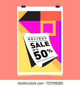 Holiday Sale Memphis Style Poster Design. Fashion and Travel Discount Poster. Vector holiday Abstract Colorful Illustration with Special offer and Promotion.