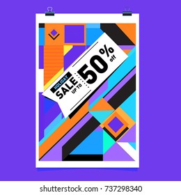 Holiday Sale Memphis Style Poster Design. Fashion and Travel Discount Poster. Vector holiday Abstract Colorful Illustration with Special offer and Promotion.