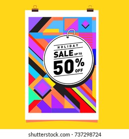 Holiday Sale Memphis Style Poster Design. Fashion and Travel Discount Poster. Vector holiday Abstract Colorful Illustration with Special offer and Promotion.