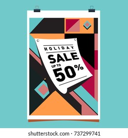 Holiday Sale Memphis Style Poster Design. Fashion and Travel Discount Poster. Vector holiday Abstract Colorful Illustration with Special offer and Promotion.