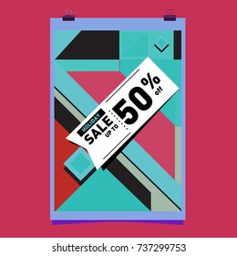 Holiday Sale Memphis Style Poster Design. Fashion and Travel Discount Poster. Vector holiday Abstract Colorful Illustration with Special offer and Promotion.