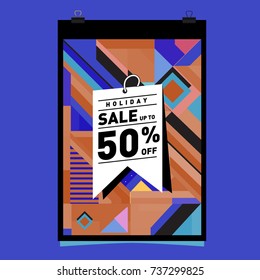 Holiday Sale Memphis Style Poster Design. Fashion and Travel Discount Poster. Vector holiday Abstract Colorful Illustration with Special offer and Promotion.