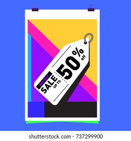 Holiday Sale Memphis Style Poster Design. Fashion and Travel Discount Poster. Vector holiday Abstract Colorful Illustration with Special offer and Promotion.