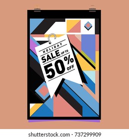 Holiday Sale Memphis Style Poster Design. Fashion and Travel Discount Poster. Vector holiday Abstract Colorful Illustration with Special offer and Promotion.