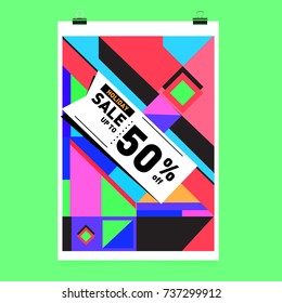 Holiday Sale Memphis Style Poster Design. Fashion and Travel Discount Poster. Vector holiday Abstract Colorful Illustration with Special offer and Promotion.
