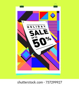 Holiday Sale Memphis Style Poster Design. Fashion and Travel Discount Poster. Vector holiday Abstract Colorful Illustration with Special offer and Promotion.