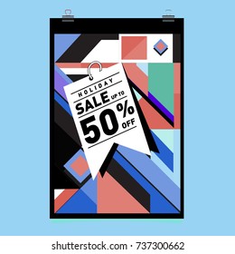 Holiday Sale Memphis Style Poster Design. Fashion and Travel Discount Poster. Vector holiday Abstract Colorful Illustration with Special offer and Promotion.