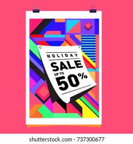 Holiday Sale Memphis Style Poster Design. Fashion and Travel Discount Poster. Vector holiday Abstract Colorful Illustration with Special offer and Promotion.