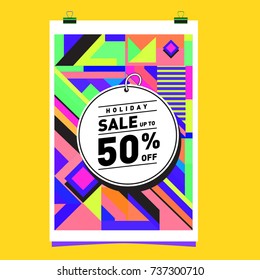Holiday Sale Memphis Style Poster Design. Fashion and Travel Discount Poster. Vector holiday Abstract Colorful Illustration with Special offer and Promotion.