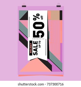 Holiday Sale Memphis Style Poster Design. Fashion and Travel Discount Poster. Vector holiday Abstract Colorful Illustration with Special offer and Promotion.