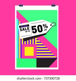 Holiday Sale Memphis Style Poster Design. Fashion and Travel Discount Poster. Vector holiday Abstract Colorful Illustration with Special offer and Promotion.