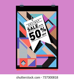 Holiday Sale Memphis Style Poster Design. Fashion and Travel Discount Poster. Vector holiday Abstract Colorful Illustration with Special offer and Promotion.