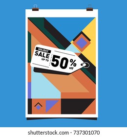 Holiday Sale Memphis Style Poster Design. Fashion and Travel Discount Poster. Vector holiday Abstract Colorful Illustration with Special offer and Promotion.