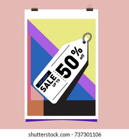 Holiday Sale Memphis Style Poster Design. Fashion and Travel Discount Poster. Vector holiday Abstract Colorful Illustration with Special offer and Promotion.