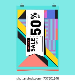 Holiday Sale Memphis Style Poster Design. Fashion and Travel Discount Poster. Vector holiday Abstract Colorful Illustration with Special offer and Promotion.