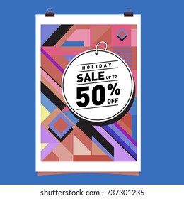 Holiday Sale Memphis Style Poster Design. Fashion and Travel Discount Poster. Vector holiday Abstract Colorful Illustration with Special offer and Promotion.