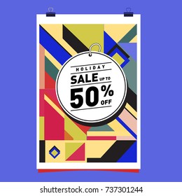 Holiday Sale Memphis Style Poster Design. Fashion and Travel Discount Poster. Vector holiday Abstract Colorful Illustration with Special offer and Promotion.