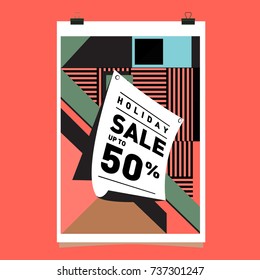 Holiday Sale Memphis Style Poster Design. Fashion and Travel Discount Poster. Vector holiday Abstract Colorful Illustration with Special offer and Promotion.