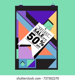 Holiday Sale Memphis Style Poster Design. Fashion and Travel Discount Poster. Vector holiday Abstract Colorful Illustration with Special offer and Promotion.