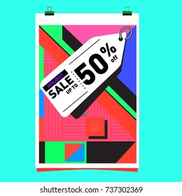 Holiday Sale Memphis Style Poster Design. Fashion and Travel Discount Poster. Vector holiday Abstract Colorful Illustration with Special offer and Promotion.