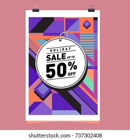 Holiday Sale Memphis Style Poster Design. Fashion and Travel Discount Poster. Vector holiday Abstract Colorful Illustration with Special offer and Promotion.