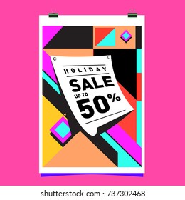 Holiday Sale Memphis Style Poster Design. Fashion and Travel Discount Poster. Vector holiday Abstract Colorful Illustration with Special offer and Promotion.