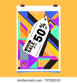 Holiday Sale Memphis Style Poster Design. Fashion and Travel Discount Poster. Vector holiday Abstract Colorful Illustration with Special offer and Promotion.