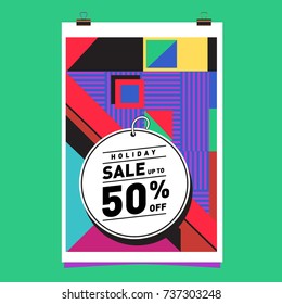 Holiday Sale Memphis Style Poster Design. Fashion and Travel Discount Poster. Vector holiday Abstract Colorful Illustration with Special offer and Promotion.