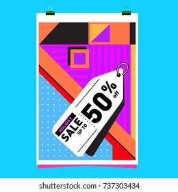 Holiday Sale Memphis Style Poster Design. Fashion and Travel Discount Poster. Vector holiday Abstract Colorful Illustration with Special offer and Promotion.