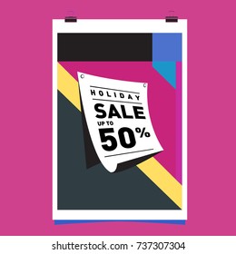 Holiday Sale Memphis Style Poster Design. Fashion and Travel Discount Poster. Vector holiday Abstract Colorful Illustration with Special offer and Promotion.