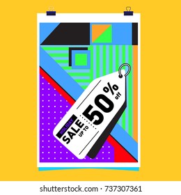 Holiday Sale Memphis Style Poster Design. Fashion and Travel Discount Poster. Vector holiday Abstract Colorful Illustration with Special offer and Promotion.