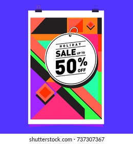 Holiday Sale Memphis Style Poster Design. Fashion and Travel Discount Poster. Vector holiday Abstract Colorful Illustration with Special offer and Promotion.