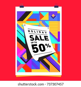 Holiday Sale Memphis Style Poster Design. Fashion and Travel Discount Poster. Vector holiday Abstract Colorful Illustration with Special offer and Promotion.
