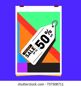 Holiday Sale Memphis Style Poster Design. Fashion and Travel Discount Poster. Vector holiday Abstract Colorful Illustration with Special offer and Promotion.