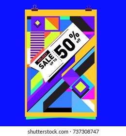 Holiday Sale Memphis Style Poster Design. Fashion and Travel Discount Poster. Vector holiday Abstract Colorful Illustration with Special offer and Promotion.