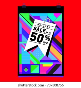 Holiday Sale Memphis Style Poster Design. Fashion and Travel Discount Poster. Vector holiday Abstract Colorful Illustration with Special offer and Promotion.