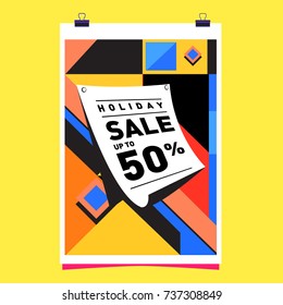 Holiday Sale Memphis Style Poster Design. Fashion and Travel Discount Poster. Vector holiday Abstract Colorful Illustration with Special offer and Promotion.
