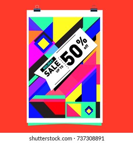 Holiday Sale Memphis Style Poster Design. Fashion and Travel Discount Poster. Vector holiday Abstract Colorful Illustration with Special offer and Promotion.