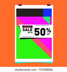 Holiday Sale Memphis Style Poster Design. Fashion and Travel Discount Poster. Vector holiday Abstract Colorful Illustration with Special offer and Promotion.