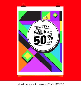 Holiday Sale Memphis Style Poster Design. Fashion and Travel Discount Poster. Vector holiday Abstract Colorful Illustration with Special offer and Promotion.