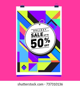 Holiday Sale Memphis Style Poster Design. Fashion and Travel Discount Poster. Vector holiday Abstract Colorful Illustration with Special offer and Promotion.